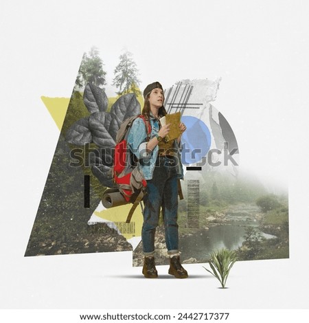 Young woman, active tourism lovers standing with backpack and map, going hiking against abstract floral background. Contemporary art collage. Concept of travelling, vacation, hobby, adventure