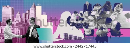 Two men shaking hands, team meeting, growth charts, coin stacks, city background. Growing company success. Contemporary art collage. Concept of business, office, teamwork, finances, achievement