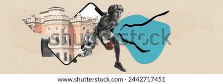 Male basketball player with antique statue bust dribbling ball over phone screen with old building architecture. Contemporary art. Concept of sport, surrealism, creativity, abstract art, retro style