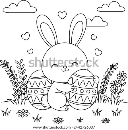 Cute kawaii bunny is hugging a decorated Easter egg cartoon character on flower background coloring page vector illustration for kids