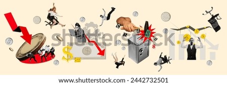 Economic downturn with employees in panic, coins, safe and a declining graph around. Contemporary art collage. Effects of market crashes on investors and businesses. Concept of business, challenges