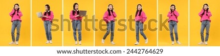 Full length portrait of Asian woman with headphones on orange background, set with photos