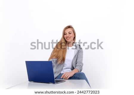girl with laptop on white background. High quality photo