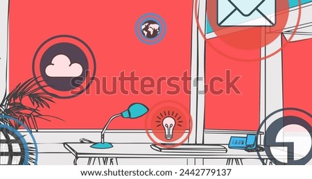 Communication and media icons over desk in office by window with red background. Business, data, casual office, network and communication, digitally generated image.