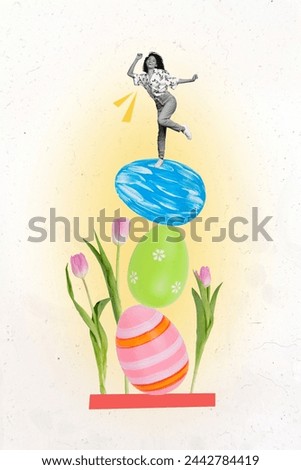 Vertical creative collage picture young happy carefree dancing girl top eggs painted decorated tulips flora blossom environment holiday