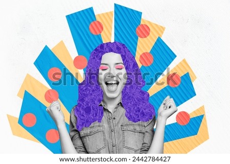 Creative artwork composite photo collage of overjoyed woman with violet paper hair screaming win jackpot isolated painted background