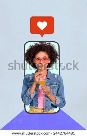 Photo collage artwork minimal picture of excited lady getting instagram twitter telegram facebook likes isolated creative background