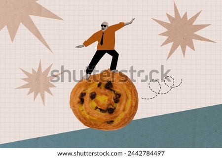 Creative collage image senior retired man skater stylish outfit bun delicious bakery takeaway menu order cafe checkered background
