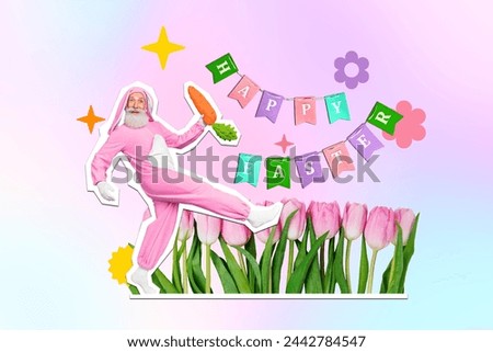 Abstract creative composite photo collage of old man in bunny costume hold carrot walk wish happy easter isolated on painted background