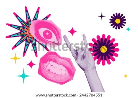 Creative photo collage picture human face fragments psychedelic concept mouth grinning teeth freak rock'n roll sign arm gesture