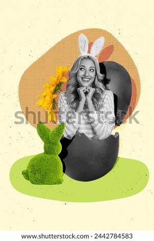 Creative vertical collage picture happy lovely young cute lovely woman egg shell rabbit ears easter holiday drawing background