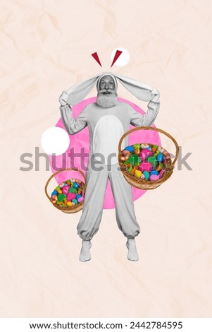 Vertical photo collage of funny grandfather wear bunny costume ears hold basket hunt game easter tradition isolated on painted background