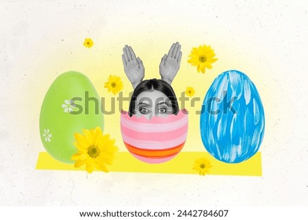 Creative collage picture psychedelic body fragments hands hidden head look afraid fear peek easter hunt concept eggs rabbit ears imitation