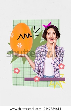 Greeting picture collage of amazed excited lovely cute girl hand hold huge egg easter theme party isolated on drawing background