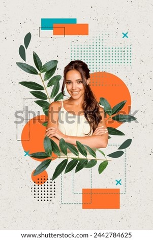 Collage 3d picture photo of adorable lovely attractive girl with crossed hands isolated on creative drawing background