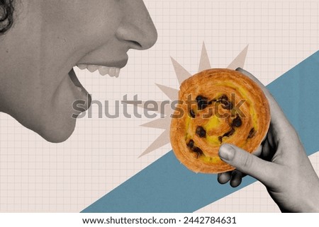 Collage picture of black white colors excited girl arms hold fresh baked bun isolated on painted checkered background