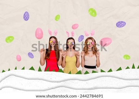 Creative photo collage of three girls sisters family day holiday easter bunny ears eggs eyes gather tradition isolated on colorful background