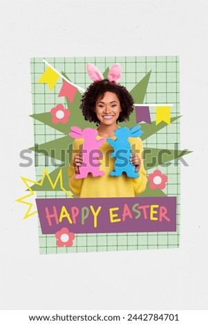 Vertical picture collage of adorable cheerful woman showing traditional bunny rabbit gift happy easter day isolated on drawing background