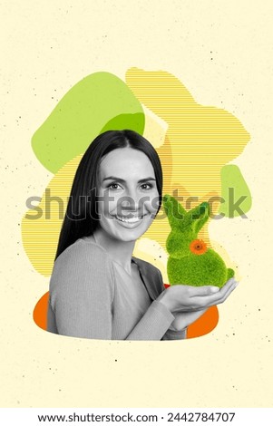 Creative picture collage poster young smiling woman holding green rabbit hare wild animal bloom plant easter holiday spring concept