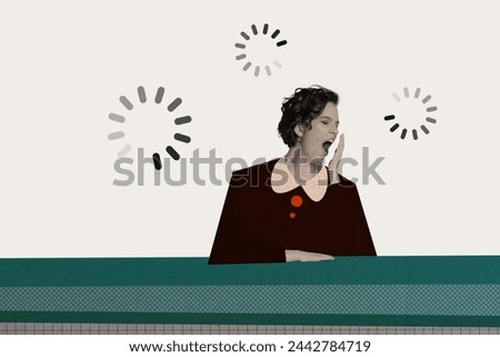Sketch image composite trend artwork photo collage of retro silhouette young bored lady sit cover mouth with hand yawn loading circles