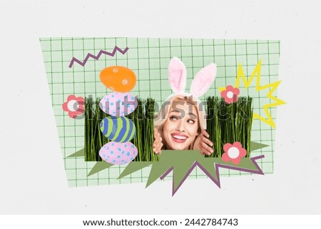Picture image collage of cheerful funky cute girl spring garden lawn gathering colored painted eggs isolated on drawing background