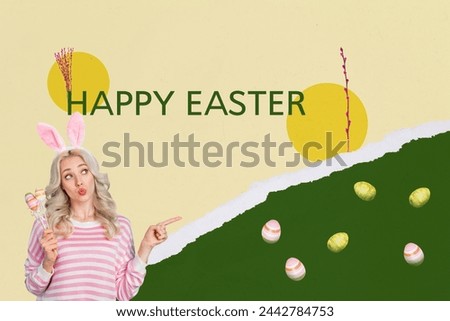 Creative photo collage of funny girl wear bunny ears hold easter egg hunt grass game player hill spring isolated on colorful background