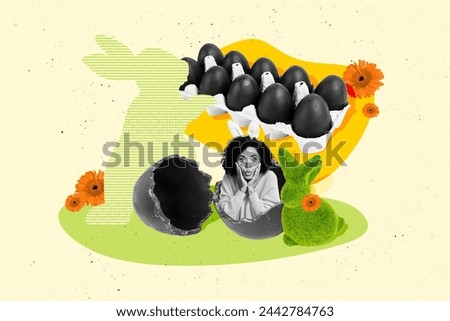 Creative collage picture young amazed girl eggs rabbit ears costume springtime holiday easter flora environment drawing background