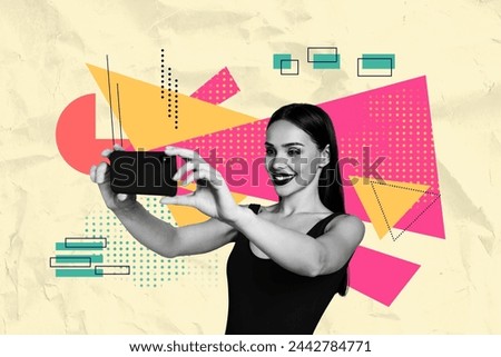 Collage image artwork of charming lovely adorable cheerful girl recording video shooting isolated on creative drawing background