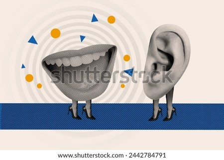 Sketch image composite trend artwork photo collage of faceless huge mouth and earr friends stand together conversation rumors gossip news Royalty-Free Stock Photo #2442784791