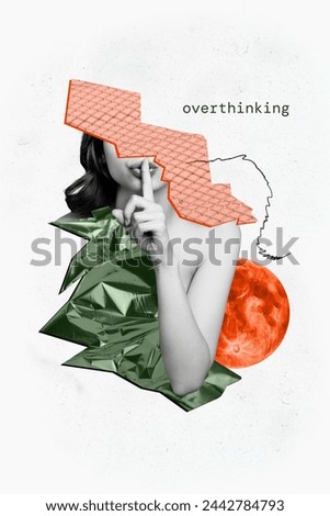 Vertical creative composite photo collage of wise woman hold finger on lips call to simplify problems isolated white color background