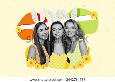 Creative photo collage picture happy three best friends girls holiday easter theme party celebration feast joyful positive mood