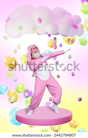 Vertical creative collage picture elderly man pensioner dancer funky easter celebration falling painted colorful eggs drawing background