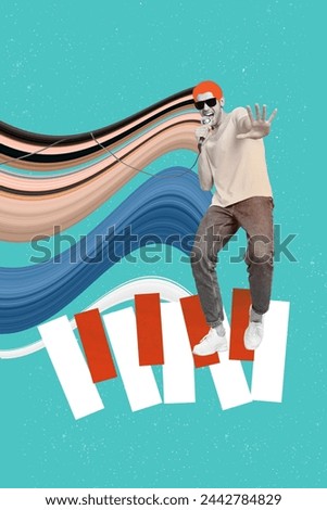 Collage artwork picture of carefree funky guy singing mic playing piano isolated teal turquoise color background
