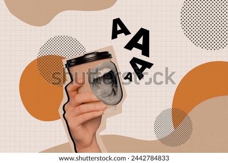 Trend artwork composite sketch 3D collage of huge hand hold carton cup for hot drinks with lady mouth talk gosssip rumors conversation