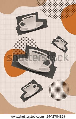 Vertical collage image of coffee shop ad cup mug plate serving isolated on creative painted checkered background