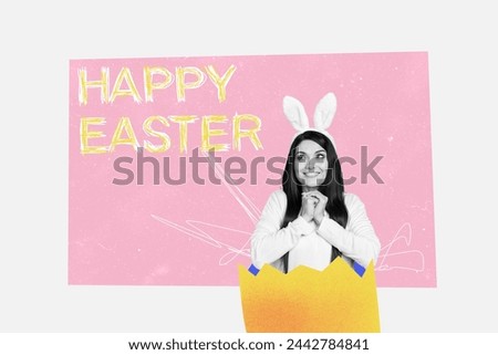 Creative photo collage of happy christian girl bunny ears pray peek broken easter egg shell atmosphere spring isolated on painted background