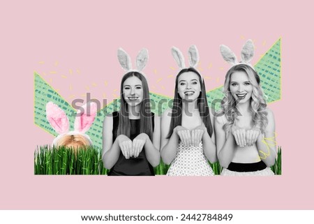 Collage image picture of gorgeous lovely women in bunny rabbit costume celebrate easter day isolated on drawing background