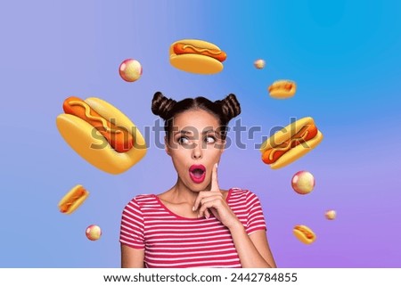Creative collage picture young amazed girl hotdog sausage sandwich fastfood unhealthy calories junk meal drawing background