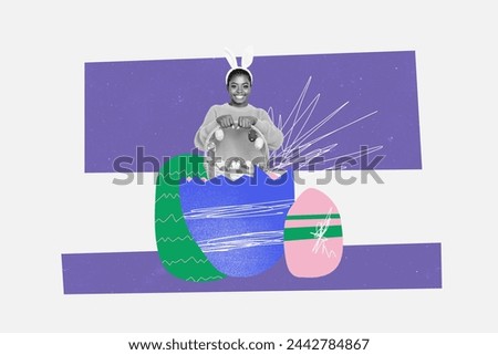 Creative collage picture young smiling carefree girl hold holiday easter traditional basket egg shell decoration drawing doodles
