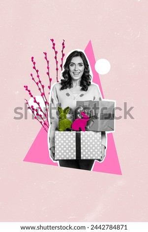 Vertical photo collage of happy girl hold present box topiary gift bunny figurine easter greeting atmosphere isolated on painted background