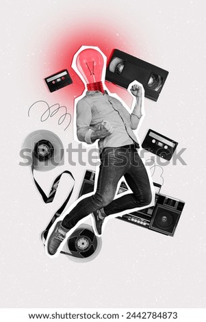 Vertical photo collage of guy instead head light bulb jump retro party boombox music tape cassette vintage isolated on painted background Royalty-Free Stock Photo #2442784873