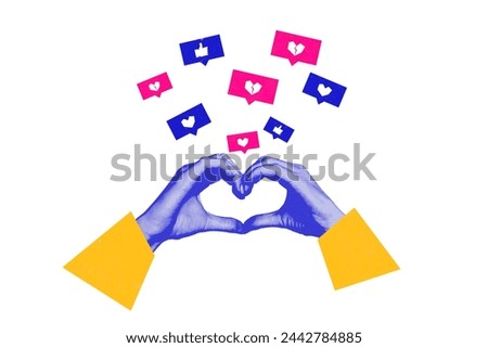 Creative collage picture human hands showing love gesture heart likes social network feedback notification white background