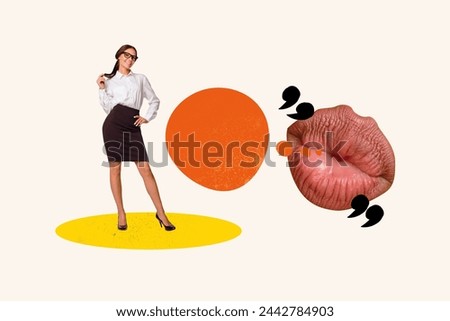 3D photo collage composite trend artwork image of young office manager lady have conversation with huge lips gossip rumors text cloud Royalty-Free Stock Photo #2442784903