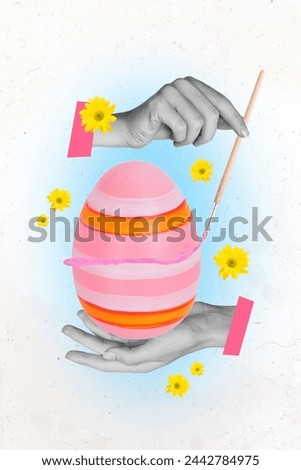 Vertical collage picture human hands hold huge easter egg painting brush preparation colorful decoration religious tradition symbol