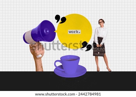 3D photo collage composite image of young office manager lady chat with colleague huge hand hold loudspeaker have break drink coffee Royalty-Free Stock Photo #2442784981