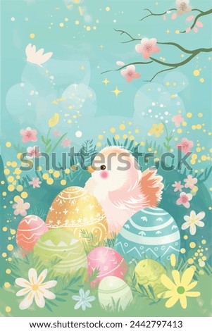 Pastel easter vector illustration, cute easter chick and easter eggs, colorful vector, easter greeting card design