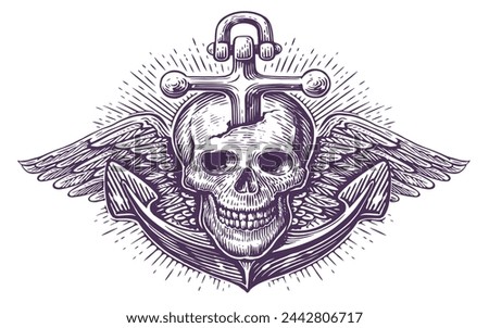 Old ship anchor and skull with wings. Hand drawn vintage vector illustration, sketch engraving style