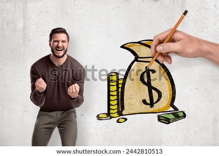 Man rejoicing over drawing of wealth