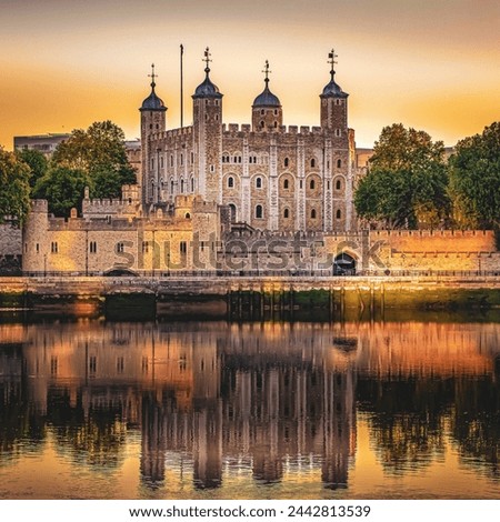 Here is an image of the Tower of London at sunset, showcasing the historic fortress and surrounding architecture bathed in the warm glow of the setting sun. 