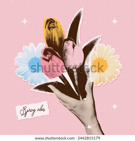 Halftone hand holding bouquet of retro flowers collage elements. Trendy modern retro sticker for Spring vibes, Mother's day, Birthday. Vector illustration with isolated elements.